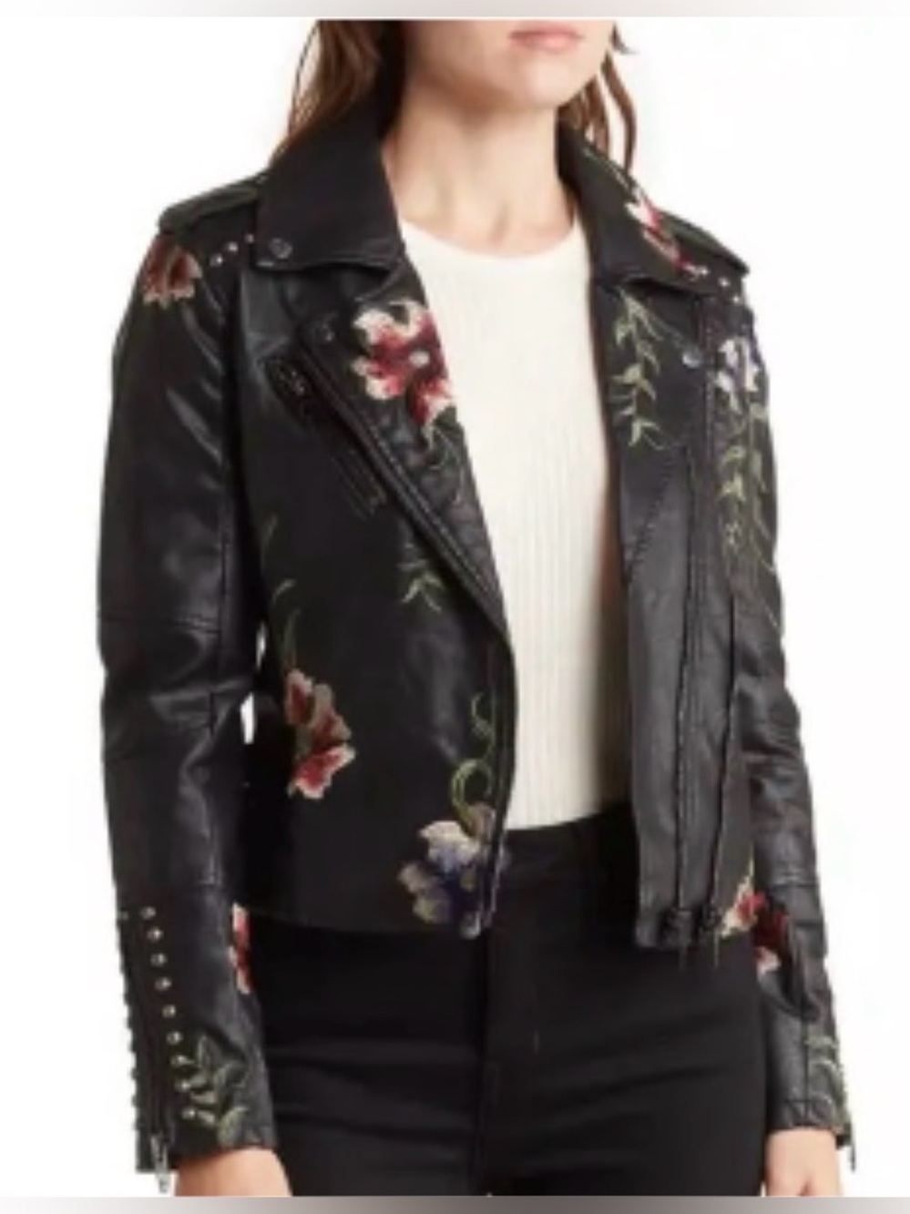 Blank NYC Black Studded Leather Moto Jacket with Floral Embroidery